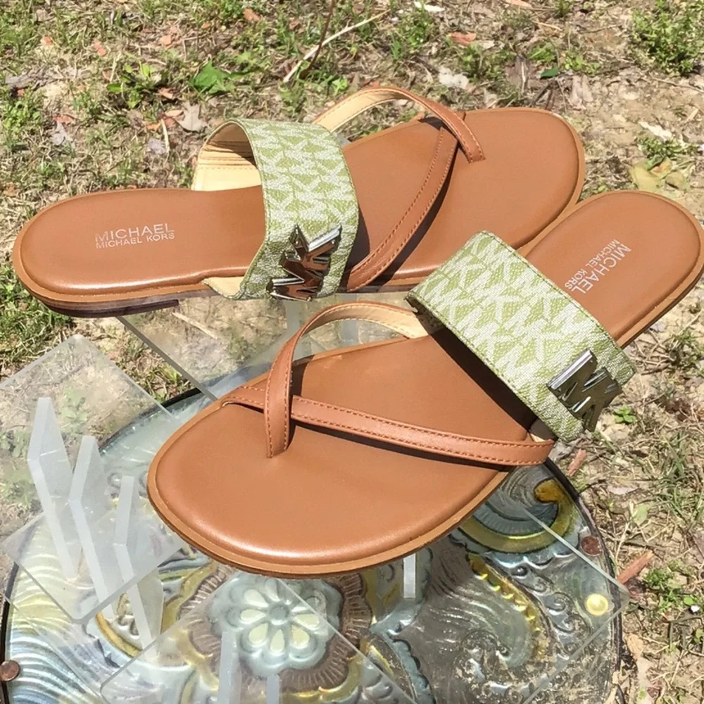 Michael By Micheal Kors Sidney Thong Flat Tan and Green MK Logo Women's Sandals - Picture 8 of 16